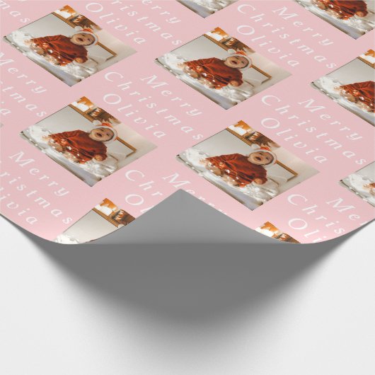 メリークリスマス名ピンクホワイトフォトコラージュ ラッピングペーパー (角)