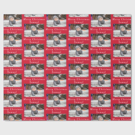 メリークリスマス名レッドホワイトフォトコラージュ ラッピングペーパー (フラット)