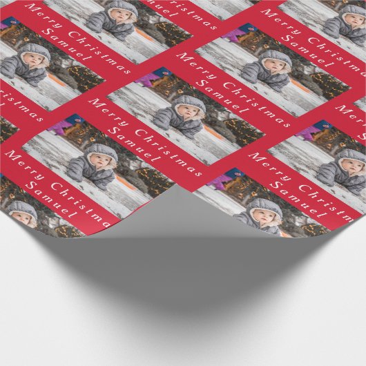 メリークリスマス名レッドホワイトフォトコラージュ ラッピングペーパー (角)