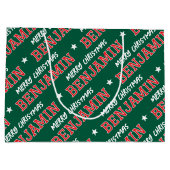 メリークリスマス名前をカスタムするグリーンレッド ラージペーパーバッグ (裏面)