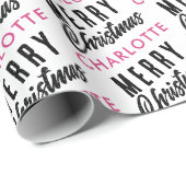 メリークリスマス名前をカスタムするピンクトレンディー ラッピングペーパー (ロールコーナー)