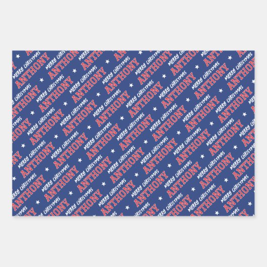 メリークリスマス名前をカスタムするモノグラムネイビーレッド ラッピングペーパーシート (正面)