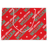 メリークリスマス名前をカスタムするレッドグリーン ラージペーパーバッグ (正面)