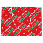 メリークリスマス名前をカスタムするレッドグリーン ラージペーパーバッグ (裏面)