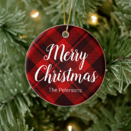 メリークリスマス名前をカスタムするレッドブラックプレイドタータンチェック セラミックオーナメント