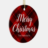 メリークリスマス名前をカスタムするレッドブラックプレイドタータンチェック セラミックオーナメント (右)