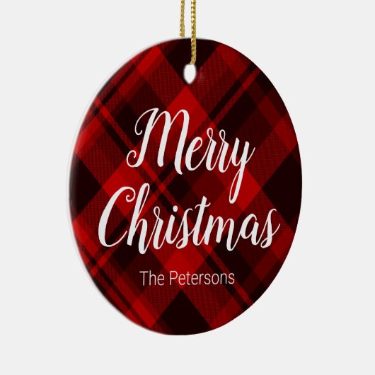 メリークリスマス名前をカスタムするレッドブラックプレイドタータンチェック セラミックオーナメント (右)