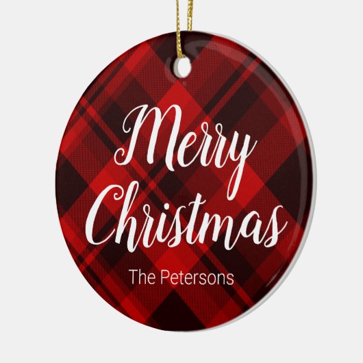 メリークリスマス名前をカスタムするレッドブラックプレイドタータンチェック セラミックオーナメント (左)