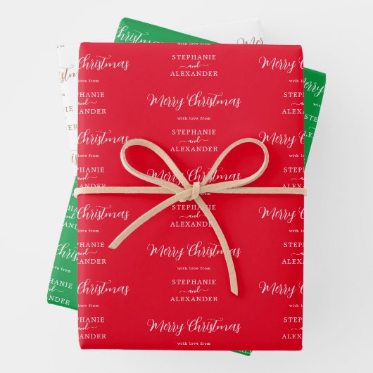 メリークリスマス名前をカスタムするレッドホワイトグリーン ラッピングペーパーシート (インサイチュ)