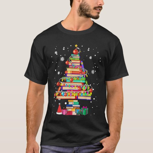 メリークリスマス図書館ツリーかわいい本愛好家図書館 Tシャツ (正面)