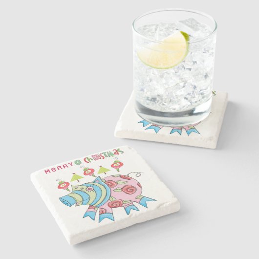 メリークリスマス大理石コースター、ピンク豚 ストーンコースター (横)