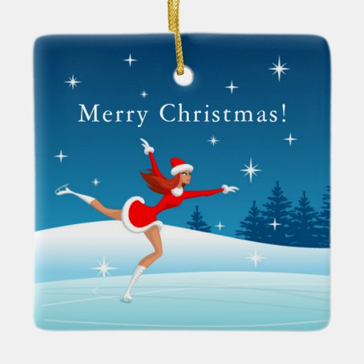 メリークリスマス姿スケートで滑るサンタガールオーナメント セラミックオーナメント (正面)