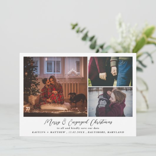 メリークリスマス婚約した |写真の日付を保存 シーズンカード (スタンド正面)