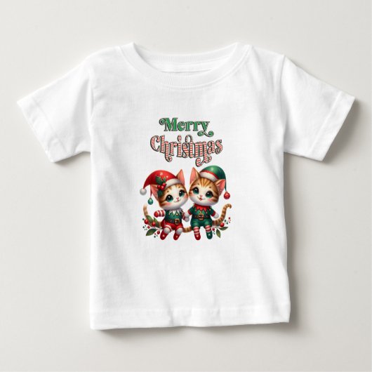 メリークリスマス子猫小妖精や小人 ベビーTシャツ (正面)