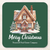 メリークリスマス実在エステート会社グリーンパーティー スクエアペーパーコースター (正面)