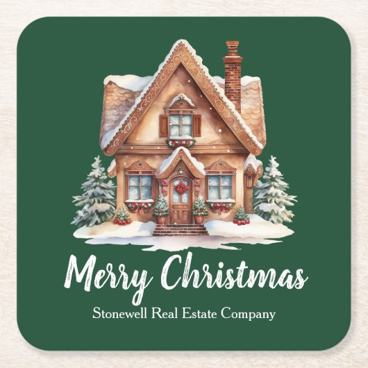 メリークリスマス実在エステート会社グリーンパーティー スクエアペーパーコースター (正面)