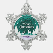 メリークリスマス家族とファースト スノーフレークピューターオーナメント (正面)