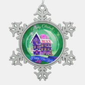 メリークリスマス家族とファースト スノーフレークピューターオーナメント (正面)