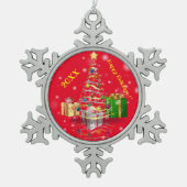 メリークリスマス家族とファースト スノーフレークピューターオーナメント (正面)