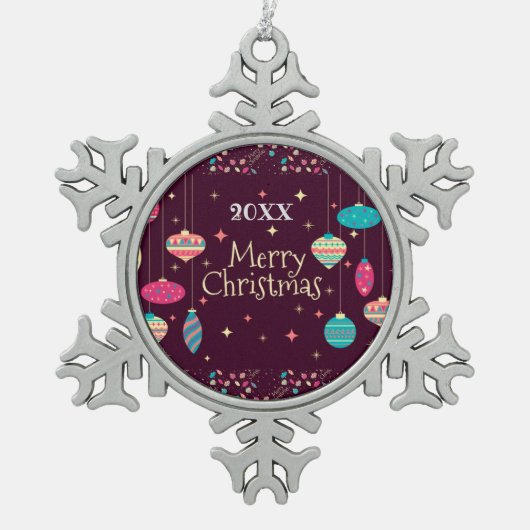 メリークリスマス家族とファースト スノーフレークピューターオーナメント (正面)