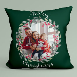 メリークリスマス家族の写真グリーン クッション