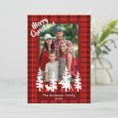 メリークリスマス家族の写真赤い格子林 シーズンカード (スタンド正面)