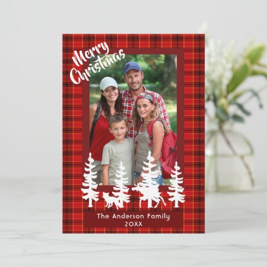 メリークリスマス家族の写真赤い格子林 シーズンカード (スタンド正面)