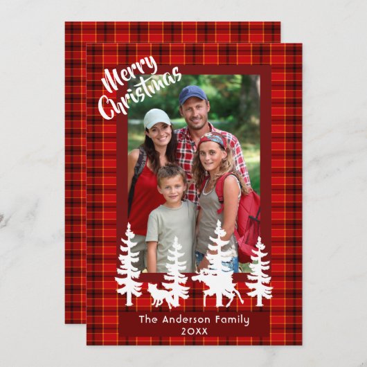 メリークリスマス家族の写真赤い格子林 シーズンカード (正面/裏面)