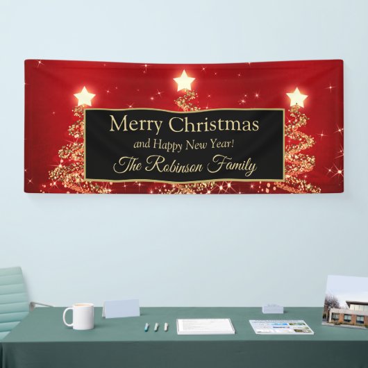 メリークリスマス家族の金ゴールドの赤くきらめくな木 横断幕 (トレードショー)