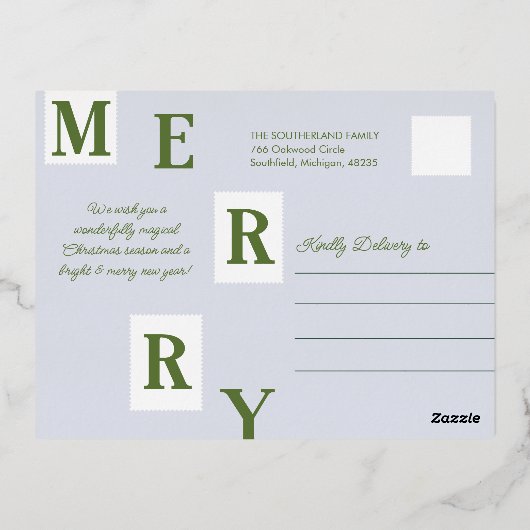 メリークリスマス家族ストッキング切手 箔シーズンポストカード (裏面)