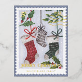 メリークリスマス家族ストッキング切手 箔シーズンポストカード (正面)