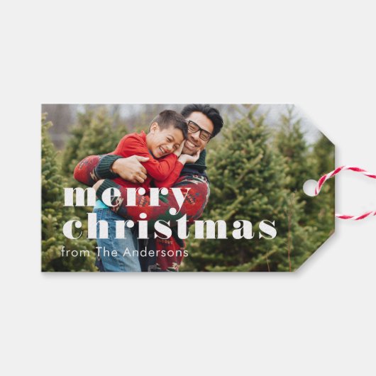 メリークリスマス家族写真背景 ギフトタグ (正面(横))
