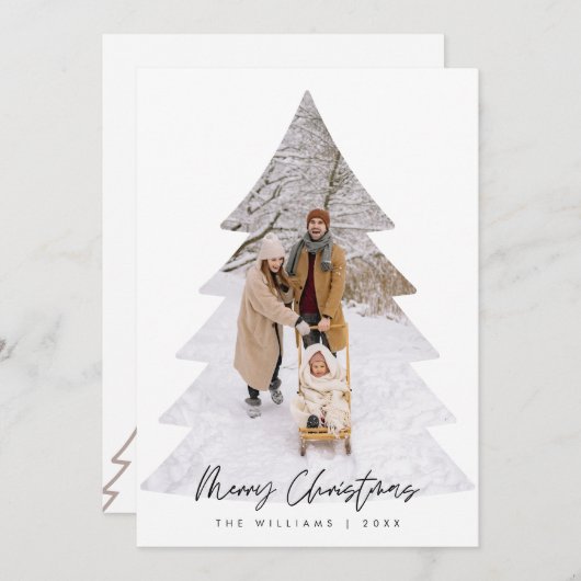 メリークリスマス家族写真、クリスマスツリーのレイオーバー シーズンカード (正面/裏面)