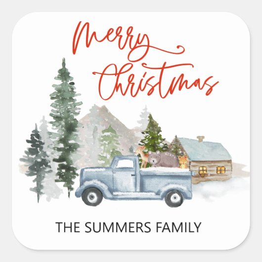 メリークリスマス封筒用シール素朴トラックウッズ スクエアシール (正面)