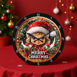 メリークリスマス小妖精や小人チャイルドリース ラージ壁時計