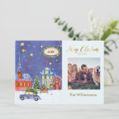メリークリスマス居心地の良い村のシーンフォトクリスマス カード (スタンド正面)
