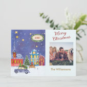 メリークリスマス居心地の良い村のシーンフォトクリスマス カード (スタンド正面)