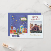 メリークリスマス居心地の良い村のシーンフォトクリスマス カード (正面/裏面インサイチュ)