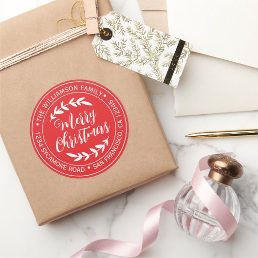 メリークリスマス差出人住所ブライトレッド ラウンドシール (ギフト)