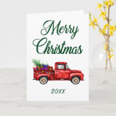 メリークリスマス年クラシックの赤トラックの木の贈り物 カード (黄色い花)