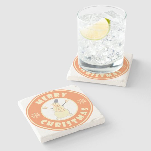 メリークリスマス幸せ雪だるま有名なコーヒースタイル ストーンコースター (横)