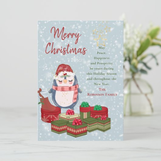 メリークリスマス引用文かわいいベビーペンギンサンタハット シーズンカード (スタンド正面)