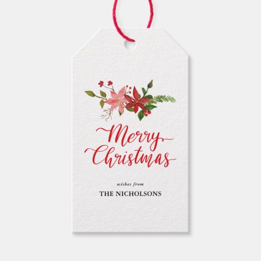 メリークリスマス手書きスクリプトポインセチア ギフトタグ (正面)