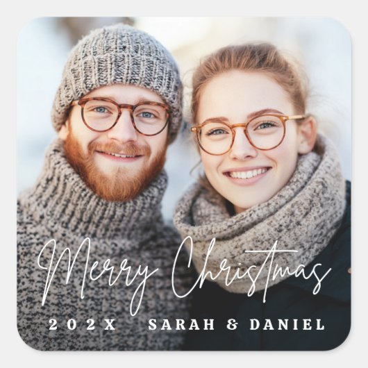 メリークリスマス手書きスクリプト写真 スクエアシール (正面)