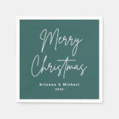 メリークリスマス手書きスクリプト名pine green スタンダードカクテルナプキン (正面)