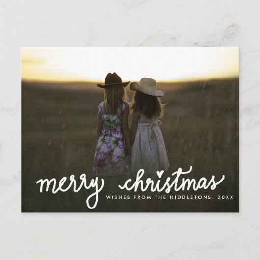 メリークリスマス手書きホワイトスクリプトの写真 シーズンポストカード (正面)