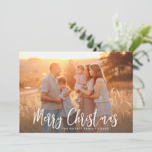 メリークリスマス手書き文字スクリプトの休日の写真 シーズンカード (スタンド正面)