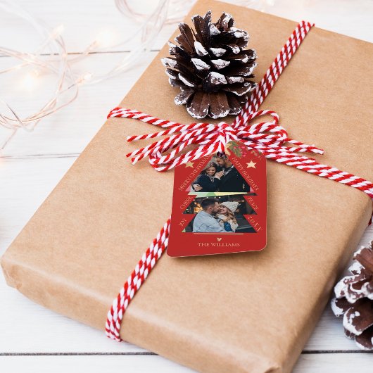 メリークリスマス数々のフォトツリーレッドホリデー ギフトタグ