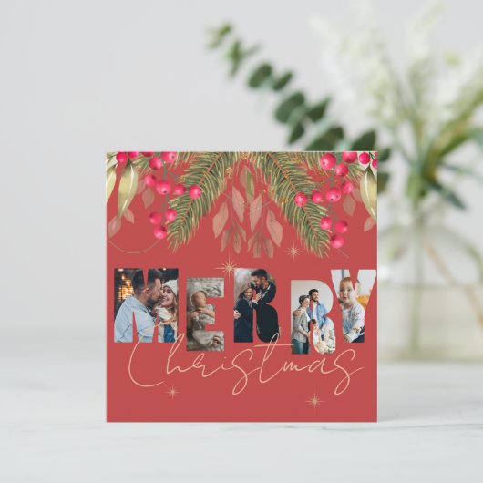 メリークリスマス数々のフォトレッド金ゴールドホリデーカード (スタンド正面)