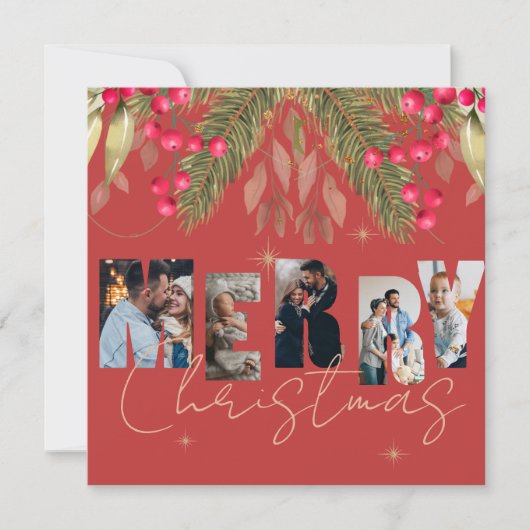 メリークリスマス数々のフォトレッド金ゴールドホリデーカード (正面)